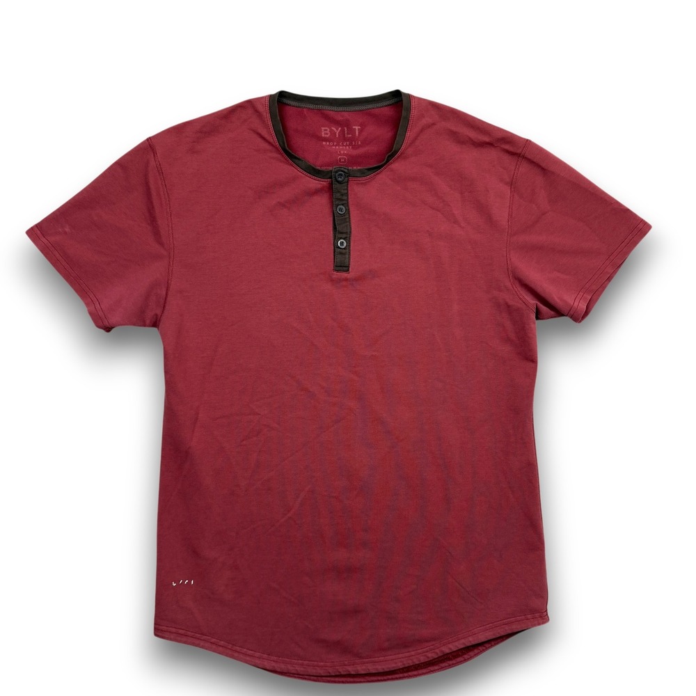BYLT Drop Cut S/S Henley Shirt Mens M Maroon Short Sleeve Lux Curved Hem
